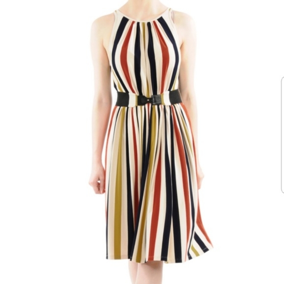 eshakti Dresses & Skirts - Eshakti Vertical Striped Belted Jersey Dress